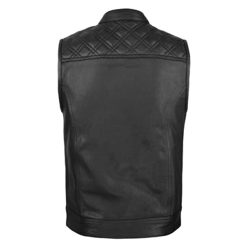 Back view of SOA Pre Black Diamond Leather Waistcoat with black diamond embroidery on the back yoke.